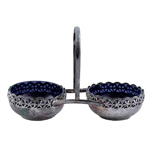 Sub.:35 - Lote: 328 -  Saleros en metal plateado y cristal azul