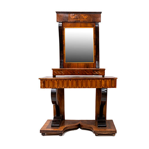 Sub.:35 - Lote: 297 -  Consola con espejo en madera de nogal con marqueter�a geom�trica en el caj�n de la consola y taracea con patos en la cornisa del espejo