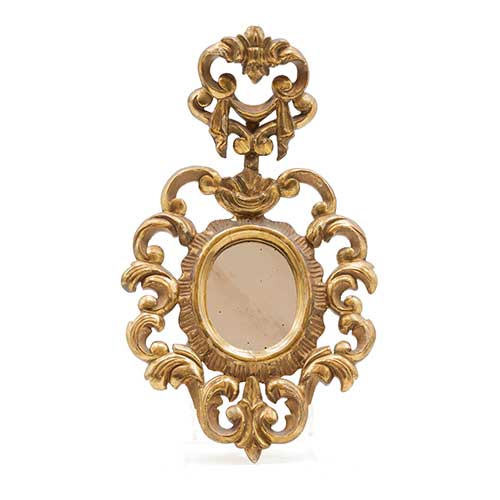 Sub.:36 - Lote: 187 -  Peque�a cornucopia en madera tallada y dorada con espejo oval S.XIX-XX