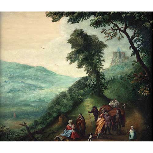 Sub.:36 - Lote: 100 - A LA MANERA DE JAN BRUEGHEL el Viejo, S.XIX Recua y gitanos en un bosque