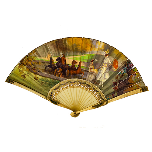 Sub.:37 - Lote: 226 -  Abanico con varillaje de �mbar y padrones de hueso con cenefa floral decorativa, pa�s de seda pintada con escena cotidiana