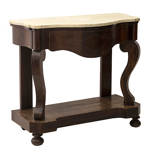 Sub.:37 - Lote: 167 -  Consola en madera de nogal con marqueter�a met�lica. Tapa de m�rmol, s. XIX.