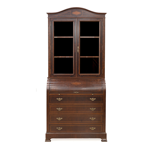 Sub.:37 - Lote: 205 -  Escritorio de cilindro compuesto por c�moda y vitrina acristalada con dos baldas interiores. Parte baja compuesta por cuatro cajones y marqueter�a, Siglo XX.