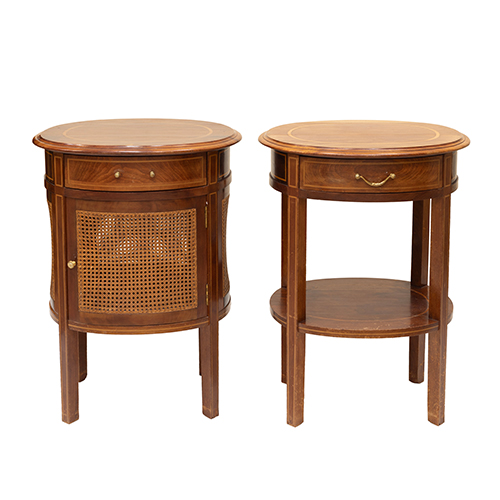Sub.:37 - Lote: 279 -  Pareja de mesillas en madera con marqueter�a de limoncillo y dos baldas, una de ellas con rejilla de enea y puerta frontal