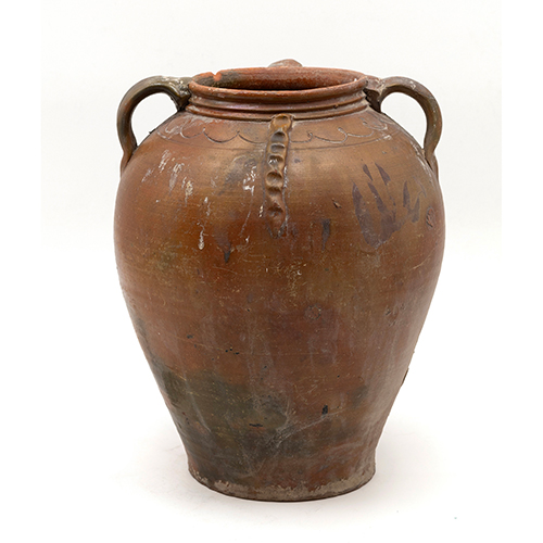 Sub.:37 - Lote: 210 -  Orza vidriada de origen navarro con tres peque�as asas y cordoncillo frontal