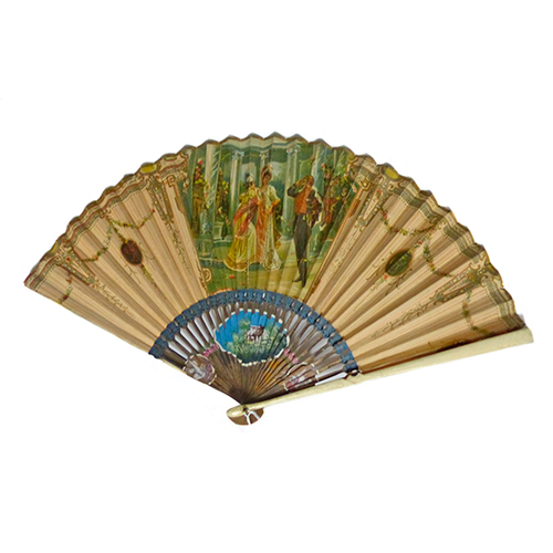 Sub.:37 - Lote: 191 -  Abanico con varillaje de madera con escenas policromadas y guardas de hueso, S.XIX