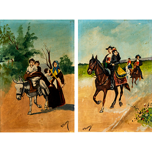 Sub.:38 - Lote: 77 - F. ROMERA (S. XX) Personajes a caballo y ni�os en un burro