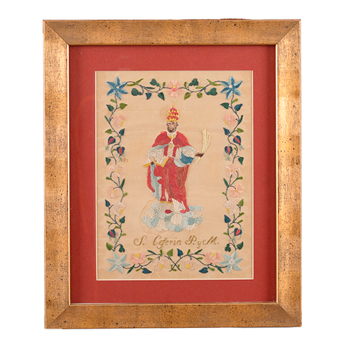 Sub.:38 - Lote: 236 -  Abecedario en petit point y bordado de San Ceferino con orla de flores trabajo antiguo de monjas. Enmarcados.