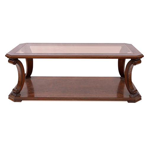 Sub.:38 - Lote: 1402 -  Mesa en madera de ra�z y marqueter�a con tapa de cristal.