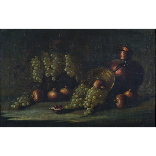 Sub.:38 - Lote: 27 - ESCUELA ESPAOLA, S.XX Bodegn de uvas y cntaro de cobre