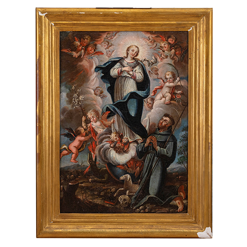 Sub.:38 - Lote: 131 - ESCUELA PORTORRIQUE�A, SIGLO XVIII Inmaculada Concepci�n con San Francisco de As�s