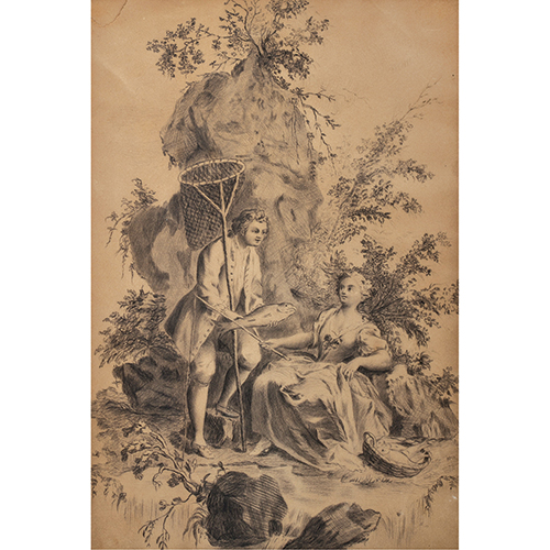 Sub.:38 - Lote: 123 - ESCUELA FRANCESA, S. XIX Escena cortesana con pescador