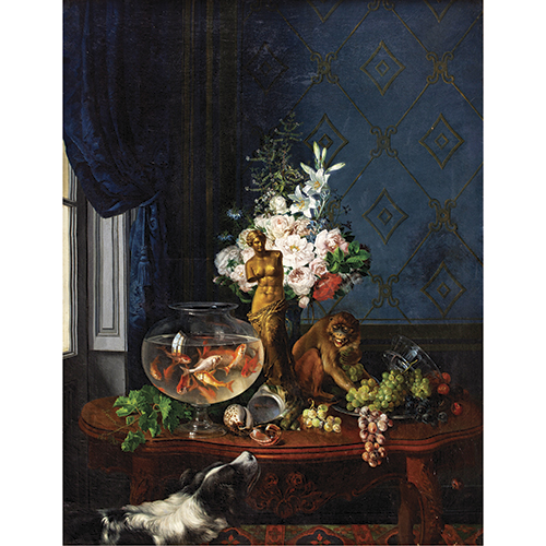 Sub.:38 - Lote: 171 - JOS� FELIPE PARRA (Valencia, 1824 - Montevideo, Uruguay, 1864) Bodeg�n con mono, pecera y Venus de Milo