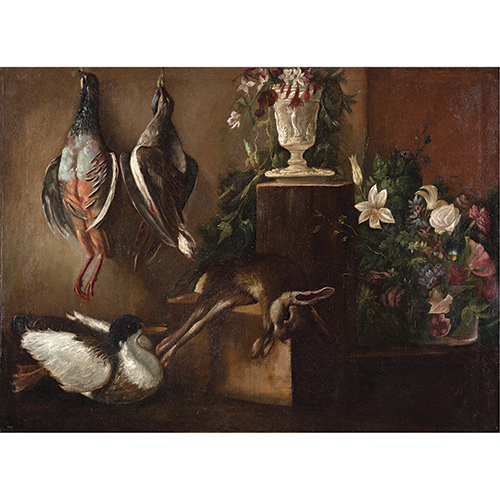Sub.:38 - Lote: 1143 - ESCUELA ESPAÑOLA, FINALES S.XVIII Bodegón de aves, con liebre y flores y Bodegón de gallo con gallina con hojas de laurel