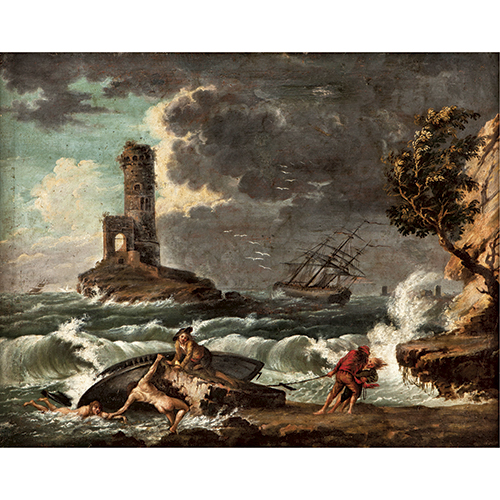 Sub.:38 - Lote: 115 - ESCUELA FRANCESA, CA. 1800 Vista de puerto con naufragio y Personajes bailando