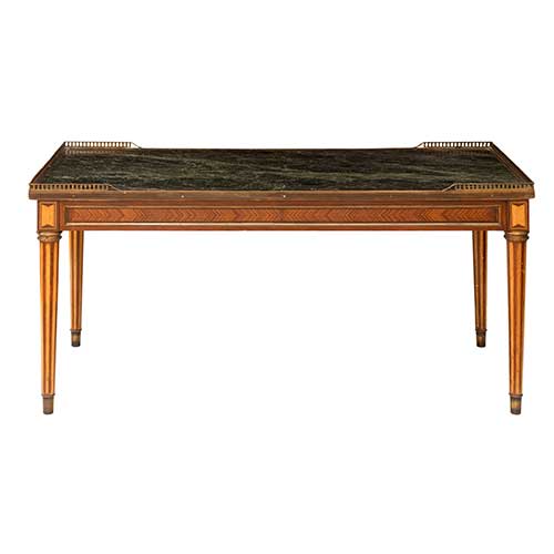 Sub.:39 - Lote: 302 -  Mesa de caf� estilo Luis XVI con marqueter�a y tapa en m�rmol con galer�a de bronce, Sim�n Loscertales (Zaragoza).