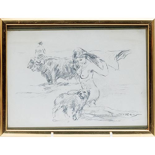 Sub.:4-On - Lote: 243 - JUAN REUS PARRA (Valencia, 1912 - 2003) Toro con perro y mujer