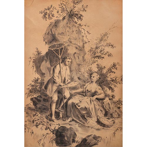 Sub.:4-On - Lote: 250 - ESCUELA FRANCESA, S. XIX Escena cortesana con pescador