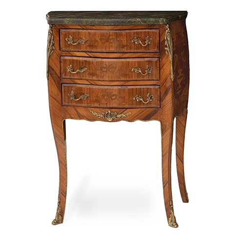 Sub.:40 - Lote: 300 -  Mueble de apoyo en marqueter�a con tres cajones y tapa de m�rmol verde