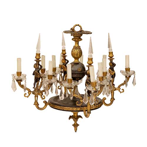 Sub.:40 - Lote: 288 -  Lampara en bronce y cristal con figuras de ni�os de 12 luces