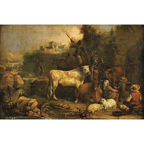 Sub.:41 - Lote: 184 - ESCUELA CENTROEUROPEA, S. XIX Pastores con el ganado en un paisaje
