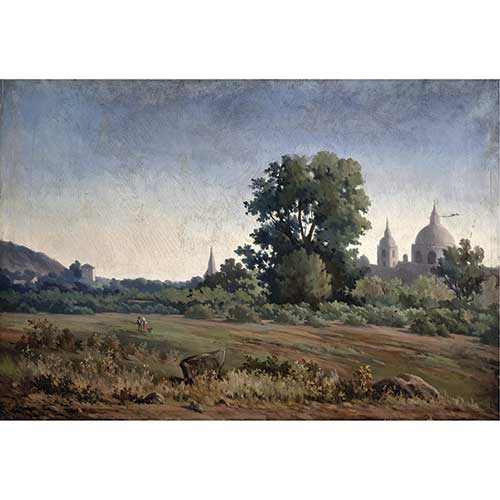 Sub.:42 - Lote: 62 - ESCUELA ESPA�OLA, S.XX Paisaje con campesinos e iglesia