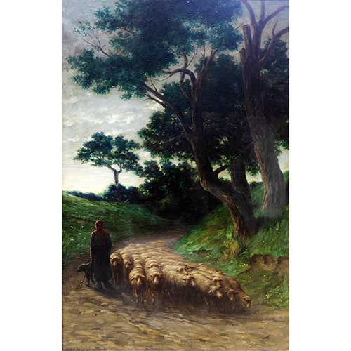 Sub.:42 - Lote: 121 - ESCUELA DE BARBINZON (Francia, s. XIX) Pastora con reba�o