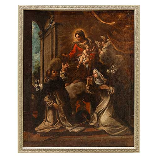 Sub.:42 - Lote: 129 - ESCUELA ARAGONESA, S. XVII-XVIII Virgen del Rosario con Sto. Domingo y Sta. Catalina de Siena
