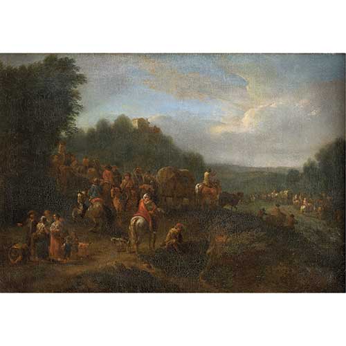 Sub.:42 - Lote: 160 - SEGUIDOR DE ADRIEN FRANS BOUDEWIJNS (Bruselas, 1644-1711) y PIETER BOUT (Bruselas, 1658-1719) Caravana con jinetes y carros en un paisaje