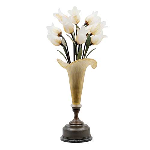 Sub.:42 - Lote: 350 -  L�mpara de sobremesa en pasta de vidrio de Murano y lat�n patinado en verde, formada de once luces con forma de tulip�n y base de m�rmol