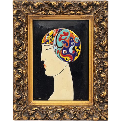 Sub.:5-On - Lote: 220 -  Busto de perfil de mujer joven realizado en esmalte A�os 50. Firmado Campos y enmarcado