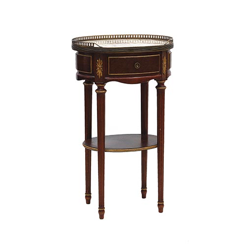 Sub.:5-On - Lote: 42 -  Mesita redonda estilo Luis XVI, con tapa en m�rmol, caj�n en cintura y galer�a.
