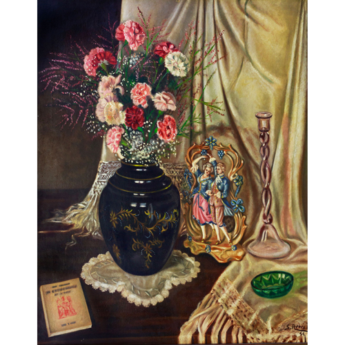 Sub.:5 - Lote: 100 - ESCUELA ESPAOLA, S. XX Composicin con florero, candelabro y figuras en porcelana
