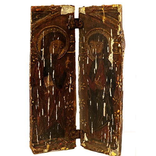 Sub.:6-On - Lote: 181 -  D�ptico. �leo sobre tabla con representaci�n de evangelistas de estilo rom�nico, s. XX.