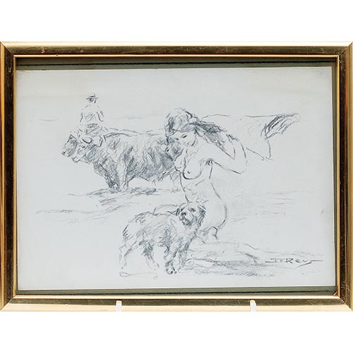Sub.:6-On - Lote: 321 - JUAN REUS PARRA (Valencia, 1912 - 2003) Toro con perro y mujer