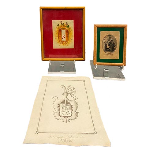 Sub.:6-On - Lote: 319 -  Lote de dos dibujos y un grabado. Un dibujo con escudo her�ldico de la familia Rold�n. Un dibujo en tela de los Santos Corporales. Un grabado San Pascual Bail�n firmado por J. G. Lafuente.