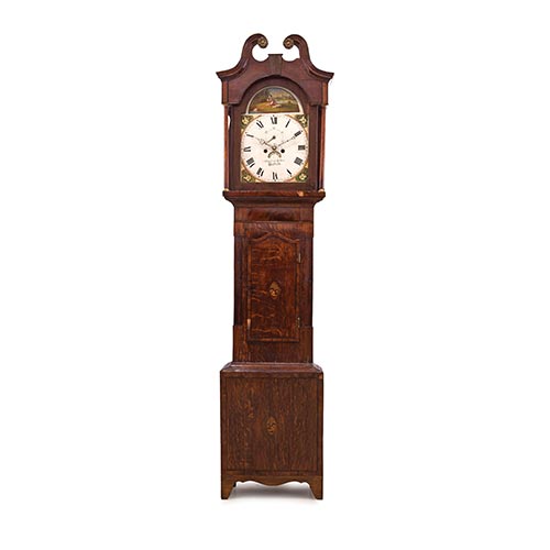 Sub.:6-On - Lote: 517 -  Reloj de antesala en madera patinada, s. XIX. Esfera firmada y pintada Shepherd & Son. Sheffield. Con pndulo. Desperfectos.