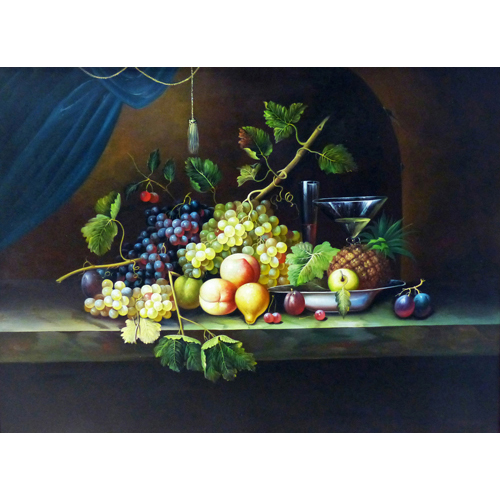 Sub.:6 - Lote: 51 - ESCUELA ESPAOLA, S. XX Bodegn con uvas y melocotones sobre una repisa con cortina azul