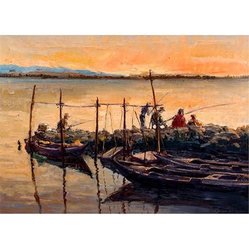 Sub.:7-On - Lote: 107 - FERM�N ALEGRE MONFERRER (Santa Eulalia del Campo, Teruel, 1936) Ocaso en el embarcadero