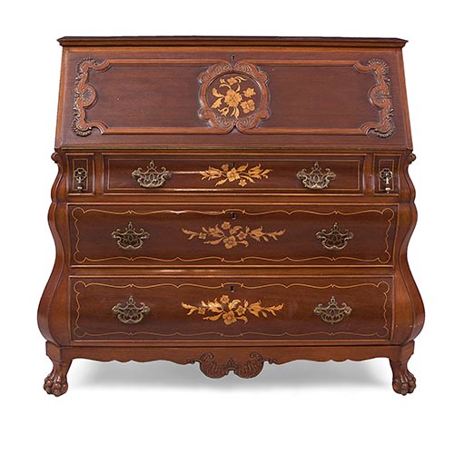 Sub.:7-On - Lote: 258 -  Bureau abattant en madera patinada con decoraci�n de marqueter�a de flores. Tapa abatible con cajones al interior. Alguna falta.