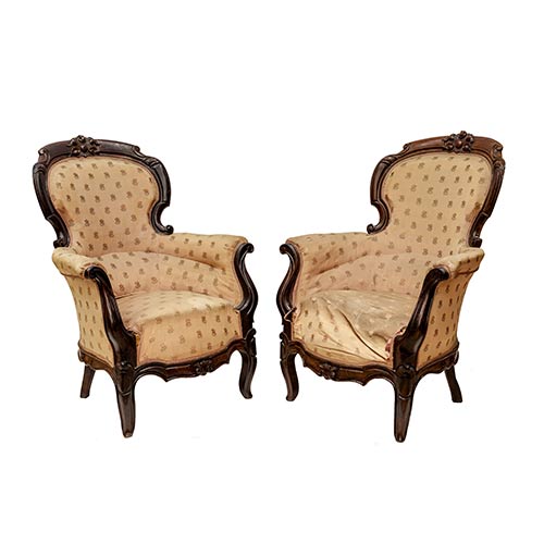 Sub.:7-On - Lote: 275 -  Pareja de butacas isabelinas en madera palosanto. Necesita trabajo de tapiceria.
