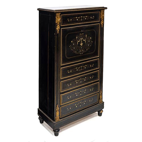 Sub.:7-On - Lote: 230 -  Secretaire en madera de �bano con marqueter�a en n�car y lat�n, aplicaciones de bronce e interior en arce y fieltro. Con tapa superior de m�rmol partida. Francia S.XIX. Faltas.
