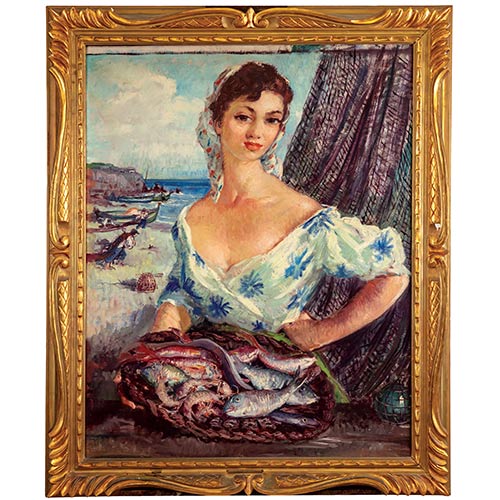 Sub.:7-On - Lote: 137 - FRANCISCO RIBERA G�MEZ (Madrid,1907 - Barcelona,1996) Mujer con peces en el puerto