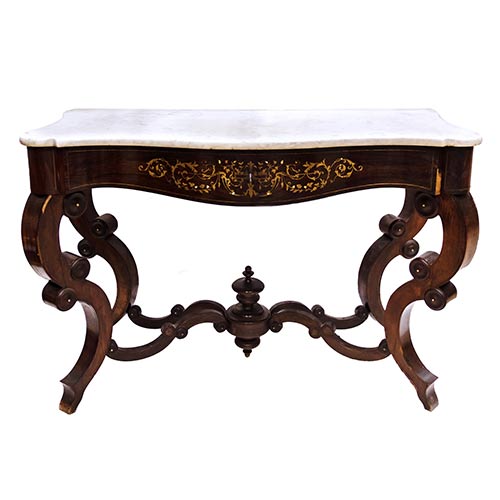 Sub.:7-On - Lote: 228 -  Consola isabelina en palo santo con marqueter�a en lat�n y n�car y tapa de m�rmol. Faltas de chapa en el lateral y frontal.