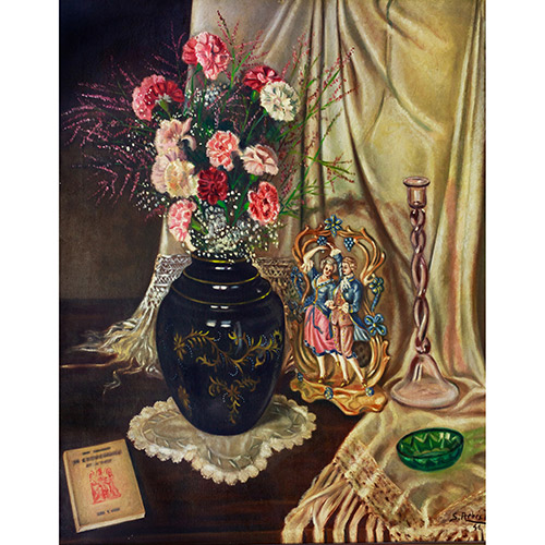 Sub.:7 - Lote: 1115 - ESCUELA ESPAOLA, S. XX Composicin con florero, candelabro y figuras en porcelana