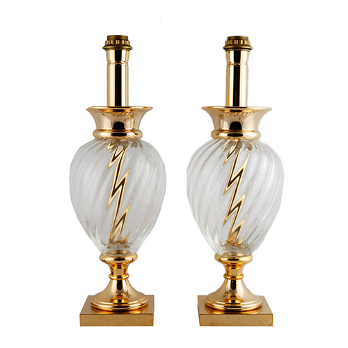 Sub.:7 - Lote: 1307 -  Pareja de l�mparas de sobremesa en cristal lobulado con forma de espiral y metal dorado.