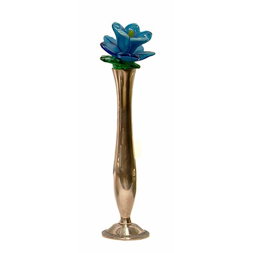 Sub.:8-On - Lote: 889 -  Violetero en metal plateado con flor en cristal de Murano azul y verde.