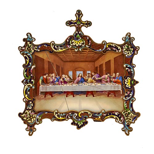 Sub.:8-On - Lote: 206 -  Placa de porcela con escena de La ltima Cena de Leonardo da Vinci con marco de cloisson. Consolidado.