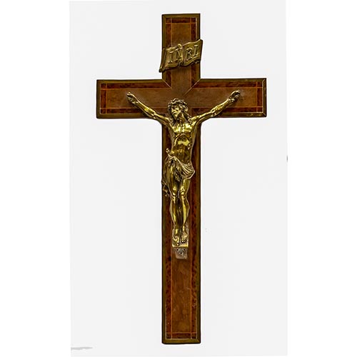 Sub.:8-On - Lote: 1148 -  Cristo crucificado en bronce sobre cruz de madera con marquetera.