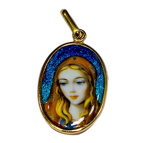 Sub.:8-On - Lote: 1262 -  Medalla en oro con imagen de la Virgen en esmalte. Inscripcin de nombre y fecha en el lado posterior.